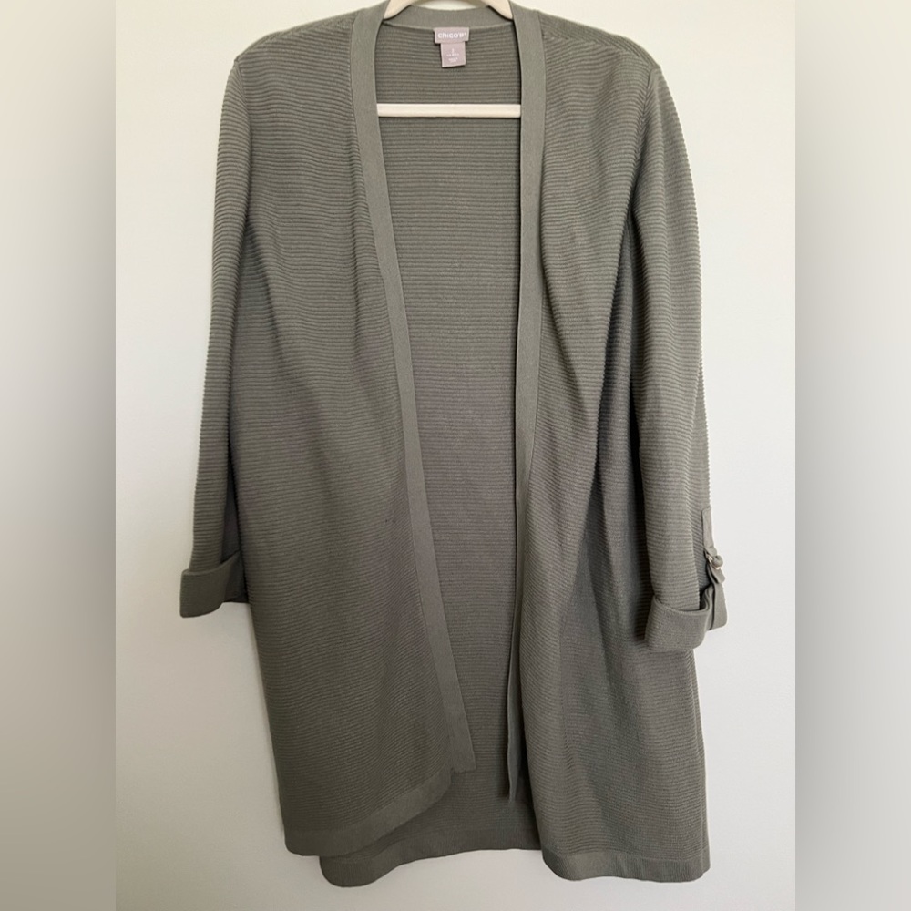 Chico’s Fatigue Olive Green Open Cardigan Sweater with Cute Sleeve Detail Sz 2 L